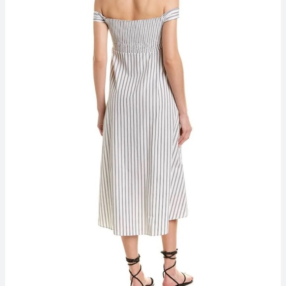 A.L.C. Arsenio Off-Shoulder Striped Cotton Midi Dress in White and Gray Poplin - Picture 3 of 8